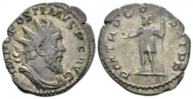 Postumus, 259-268 Antoninianus Treveri circa 261, billon 20.00 mm., 3.10 g.
Radiate, draped and cuirassed bust r. Rev. Emperor standing facing, head ...