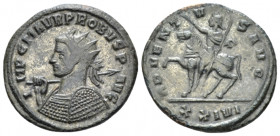 Probus, 276-282 Antoninianus Siscia 277, billon 22.20 mm., 3.76 g.
Radiate, helmeted, and cuirassed bust l., holding spear over r. shoulder, shield o...