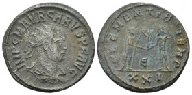 Carus, 282-283 Antoninianus Cyzicus circa 282-283, billon 21.10 mm., 3.71 g.
Radiate, draped and cuirassed bust r. Rev. Emperor standing receiving Vi...