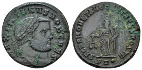 Maximianus Herculius, first reign 286-305 Follis Ticinum circa 300-303, Æ 26.50 mm., 11.00 g.
Laureate head r. Rev. Moneta standing l., holding scale...