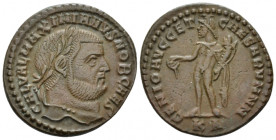Galerius, as Caesar, 293-305 Follis Cyzicus circa 295-296, Æ 27.20 mm., 8.07 g.
Laureate head r. Rev. Genius, nude but for chlamys, standing front, h...