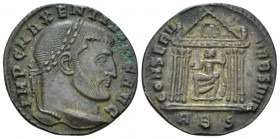Maxentius, 306-312 Follis Aquielia circa 308-309, Æ 23.40 mm., 4.50 g.
Laureate head r. Rev. Roma seated l., holding globe and sceptre; shield set on...