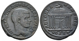 Divus Romulus, died 309 Follis Ostia 309-310, Æ 22.70 mm., 5.92 g.
 Bare head of r. Rev. Doomed shrine with open door surmounted by eagle standing fr...