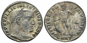 Licinius, 308-324 Follis Heracleia circa 313-314, Æ 22.40 mm., 3.29 g.
Laureate head r. Rev. Jupiter standing l., holding sceptre and Victory on glob...