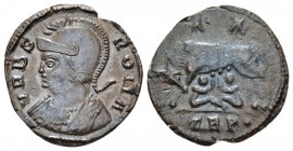 Constantine I, 307-337 Follis Treviri circa 333-334, Æ 17.20 mm., 2.37 g.
Helmeted bust of Roma l., wearing imperial mantle. Rev. She-wolf standing l...