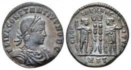 Constantine II Caesar, 317-337 Follis Rome circa 332-333, Æ 16.90 mm., 2.48 g.
Laureate, draped and cuirassed bust r. Rev. Two soldiers standing faci...
