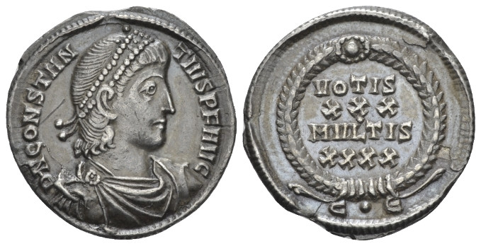 Constantius II, 337-361 Siliqua circa 351-355, AR 20.20 mm., 3.22 g.
Pearl-diad...