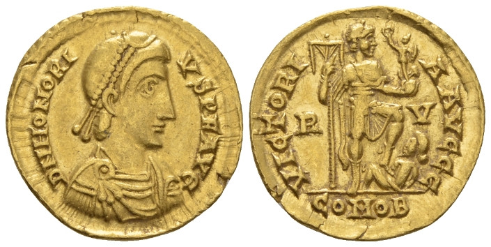 Honorius, 393-423 Solidus Ravenna 402-403, AV 21.20 mm., 4.43 g.
Pearl-diademed...