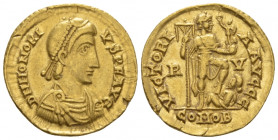 Honorius, 393-423 Solidus Ravenna 402-403, AV 21.20 mm., 4.43 g.
Pearl-diademed, draped and cuirassed bust r. Rev. Emperor standing r., l. foot on ca...