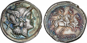 Roman Republic
Anonymous Issues in Denar System
Denario. 200-190 a.C. ANÓNIMO. SUR de ITALIA. Rev.: Dióscuros a caballo a derecha, encima estrellas....