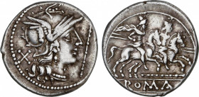 Roman Republic
Anonymous Issues in Denar System
Denario. 200-190 a.C. ANÓNIMO. Anv.: Cabeza de Roma a derecha, detrás X, delante cetro. Rev.: Dióscu...
