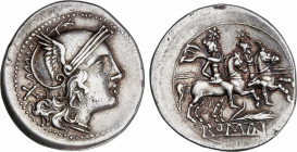 Roman Republic
Anonymous Issues in Denar System
Denario. 211-210 a.C. ANÓNIMO. SICILIA. Rev.: Dióscuros a caballo a derecha, encima estrellas, debaj...