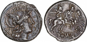 Roman Republic
Anonymous Issues in Denar System
Denario. 200-190 a.C. ANÓNIMO. Rev.: Dióscuros a caballo a derecha, encima estrellas, debajo estrell...