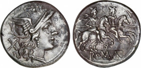 Roman Republic
Anonymous Issues in Denar System
Denario. 200-190 a.C. ANÓNIMO. Rev.: Dióscuros a caballo a derecha, encima estrellas, debajo estrell...