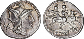Roman Republic
Anonymous Issues in Denar System
Denario. 190-170 a.C. ANÓNIMO. Rev.: Dióscuros a caballo a derecha, encima estrellas, debajo grifo. ...