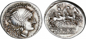 Roman Republic
Anonymous Issues in Denar System
Denario. 210-206 a.C. ANÓNIMO. CECA INCIERTA. Rev.: Dióscuros a caballo a derecha, encima estrellas ...
