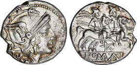 Roman Republic
Anonymous Issues in Denar System
Denario. 202-198 a.C. ANÓNIMO. CECA INCIERTA. Rev.: Dióscuros a caballo a derecha, encima estrellas,...