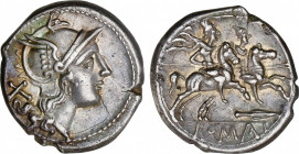 Roman Republic
Anonymous Issues in Denar System
Denario. 200-195 a.C. ANÓNIMO. SUDESTE de ITALIA. Rev.: Dióscuros a caballo a derecha, encima estrel...
