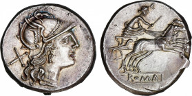 Roman Republic
Anonymous Issues in Denar System
Denario. 189-180 a.C. ANÓNIMO. Rev.: Diana en biga a derecha, con látigo en la mano, encima crecient...