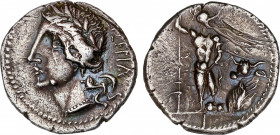 Roman Republic
Social War (Bellum Sociale)
Denario. Acuñada el 89 a.C. GUERRA SOCIAL. Bovianum. Anv.: Cabeza laureada de Italia a izquierda, detrás ...