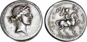 Roman Republic
Aemilia
Denario. 61 a.C. AEMILIA. M. Aemilius Lepidus. Anv.: Cabeza diademada y laureada de Roma a derecha. 3,98 grs. EBC. / Aemilius...