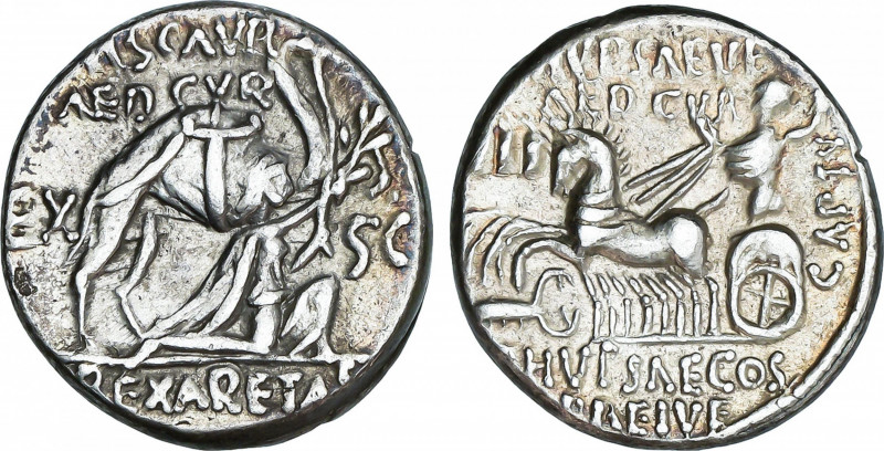 Roman Republic
Aemilia
Denario. 58 a.C. AEMILIA. M. Aemilius Scaurus y Pub Pla...