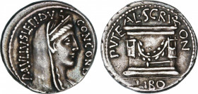 Roman Republic
Aemilia
Denario. 62 a.C. AEMILIA. Paullus Aemilius Lepidus. Anv.: PAVLLVS LEPIDVS CONCORD. Rev.: PVTEAL. SCRIBON, debajo Libo. Pozo e...