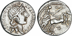 Roman Republic
Annia
Denario. 82-81 a.C. ANNIA. C. Annius y C. Tarquitus. Rev.: Victoria con palma en biga a derecha, encima Q, debajo TI. En exergo...