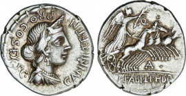 Roman Republic
Annia
Denario. 82-81 a.C. ANNIA. C. Annius y Lucius Fabius. HISPANIA. Rev.: Victoria con palma en cuadriga a derecha, encima Q, debaj...