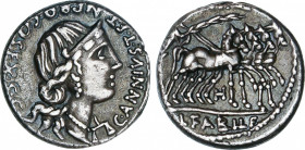 Roman Republic
Annia
Denario. 82-81 a.C. ANNIA. C. Annius y Lucius Fabius. HISPANIA. Anv.: Busto diademado a derecha, delante balanzas. Rev.: (HISP ...