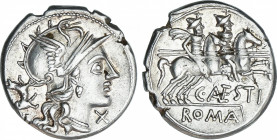 Roman Republic
Antestia
Denario. 146 a.C. ANTESTIA. Caius Antestius. Anv.: Cabeza de Roma a derecha, detrás perro caminando hacia arriba, delante X....