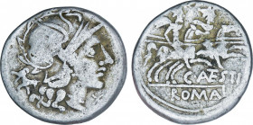 Roman Republic
Antestia
Denario. 146 a.C. ANTESTIA. Caius Antestius. Anv.: Cabeza de Roma a derecha, detrás perro caminando hacia abajo, delante X. ...