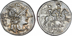 Roman Republic
Atilia
Denario. 148 a.C. ATILIA. M. Atilius Saranus. Anv.: Cabeza de Roma a derecha entre SARAN de arriba a abajo y X. Rev.: M. ATIL....