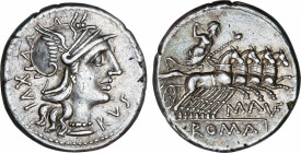 Roman Republic
Aufidia
Denario. 140 a.C. AUFIDIA. Marcus Aufidius Rusticus. Anv.: Cabeza de Roma a derecha entre XVI y RVS. Rev.: M. AVF (nexadas). ...