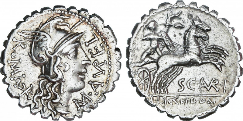 Roman Republic
Aurelia
Denario. 118 a.C. AURELIA. M. Aurelius Scaurus. Narbo. ...
