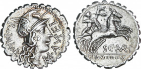 Roman Republic
Aurelia
Denario. 118 a.C. AURELIA. M. Aurelius Scaurus. Narbo. Anv.: M. AVRELI. (VR nexadas) ROMA¶. Rev.: SCAVRI. (AVR nexadas). En e...