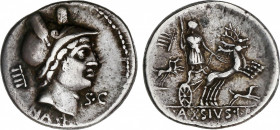Roman Republic
Axia
Denario. 71 a.C. AXIA. Lucius Axius L.f. Naso. Anv.: Cabeza de Marte a derecha entre IIII y SC. Rev.: Diana en biga tirada por c...