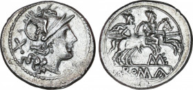 Roman Republic
Caecilia
Denario. 194-190 a.C. CAECILIA. Caecilius Metellus. Rev.: Dióscuros a caballo a derecha, encima estrellas debajo ME (nexadas...