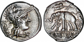 Roman Republic
Caecilia
Denario. 125 a.C. CAECILIA. C. Caecilius Metellus Caprarius. Rev.: Júpiter en biga tirada por elefantes a izquierda y corona...