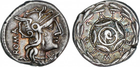 Roman Republic
Caecilia
Denario. 125 a.C. CAECILIA. M. Caecilius Metellus Q. f. Anv.: Cabeza de Roma a derecha, entre ROMA y ¶. Rev.: Escudo macedon...