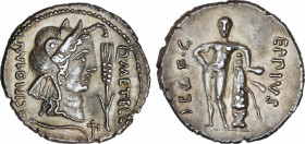 Roman Republic
Caecilia
Denario. 47-46 a.C. CAECILIA. Q. Caecilius Metellus Pius Scipio y M. Eppius. África. Anv.: Cabeza de África a derecha, entre...