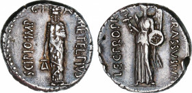 Roman Republic
Caecilia
Denario. 47-46 a.C. CAECILIA. Q. Caecilius Metellus Pius Scipio y P. Licinius Crasus Junianus. ÁFRICA. Anv.: Genio de África...