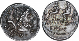 Roman Republic
Calpurnia
Denario. 100 a.C. CALPURNIA. L. Calpurnius Piso y Q. Servilius Caepius. Anv.: Cabeza laureada de Saturno a derecha, detrás ...
