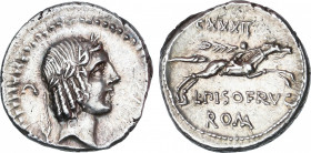 Roman Republic
Calpurnia
Denario. 90-89 a.C. CALPURNIA. L. Calpurnius Piso Frugi. Anv.: Cabeza laureada de Apolo a derecha, detrás C. Rev.: Jinete g...