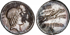 Roman Republic
Calpurnia
Denario. 90-89 a.C. CALPURNIA. L. Calpurnius Piso Frugi. Anv.: Cabeza laureada de Apolo a derecha, detrás XXXXII. Rev.: L. ...