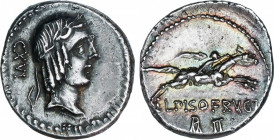 Roman Republic
Calpurnia
Denario. 90-89 a.C. CALPURNIA. L. Calpurnius Piso Frugi. Anv.: Cabeza laureada de Apolo a derecha, detrás CXVI. Rev.: Jinet...