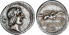 Roman Republic
Calpurnia
Denario. 90-89 a.C. CALPURNIA. L. Calpurnius Piso Frugi. Anv.: Cabeza laureada de Apolo a derecha, detrás cabeza de caballo...