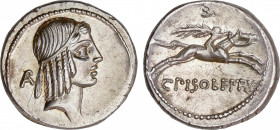 Roman Republic
Calpurnia
Denario. 64 a. C. CALPURNIA. C. Calpurnius Piso Frugi. Anv.: Cabeza laureada de Apolo a Izquierda, detrás letra griega. Rev...