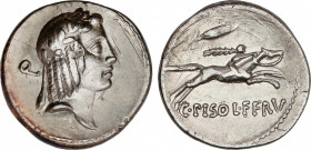 Roman Republic
Calpurnia
Denario. 64 a.C. CALPURNIA. C. Calpurnius Piso Frugi. Anv.: Cabeza laureada de Apolo a derecha, detrás letra P. Rev.: C. PI...