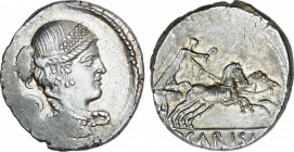 Roman Republic
Carisia
Denario. 46 a.C. CARISIA. T. Carisius. Anv.: Busto diademado a derecha. Rev.: Victoria en biga a derecha. En exergo: T.CARISI...